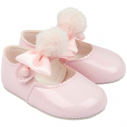 Baby Girls Pink Pom Pom Bow Patent Pram Shoes